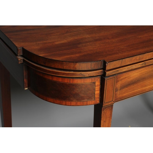 915 - A GEORGIAN MAHOGANY FOLDING CARD TABLE, late 18th century, of breakfront oblong form with rounded fr... 