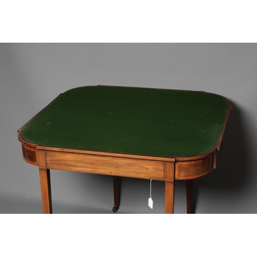 915 - A GEORGIAN MAHOGANY FOLDING CARD TABLE, late 18th century, of breakfront oblong form with rounded fr... 