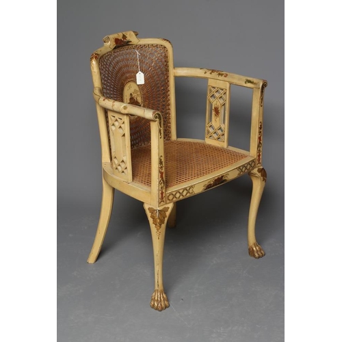 916 - A CANED CHINOISERIE BERGERE, early 20th century, of tub form painted and gilded with garden scenes o... 