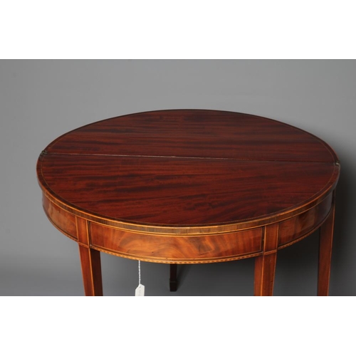 917 - A GEORGIAN MAHOGANY TEA TABLE, late 18th century, of demi lune form crossbanded with stringing, rose... 