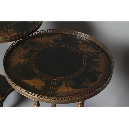 918 - A PAIR OF CHINOISERIE OCCASIONAL TABLES, mid/late 20th century, painted and gilded with garden scene... 