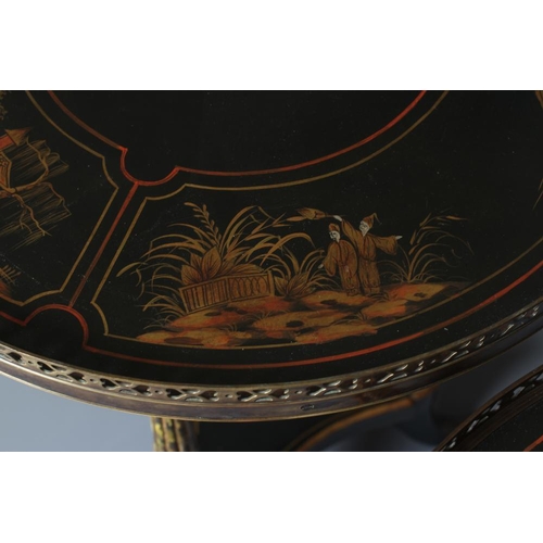 918 - A PAIR OF CHINOISERIE OCCASIONAL TABLES, mid/late 20th century, painted and gilded with garden scene... 