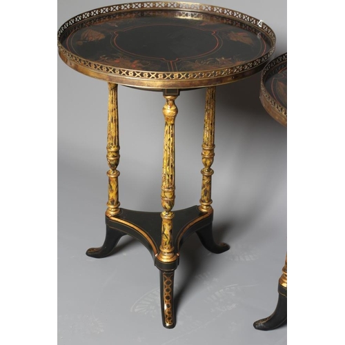 918 - A PAIR OF CHINOISERIE OCCASIONAL TABLES, mid/late 20th century, painted and gilded with garden scene... 