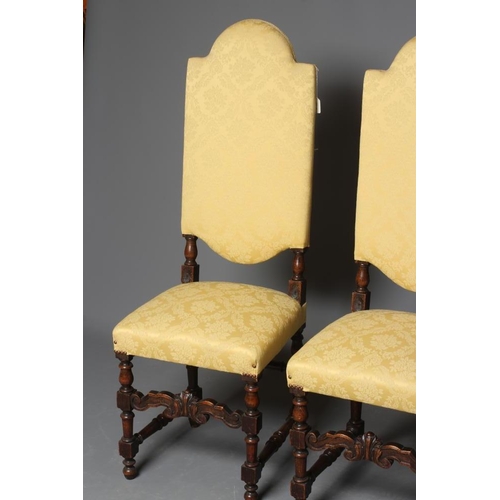 920 - A PAIR OF OAK 17TH CENTURY STYLE BACKSTOOLS, modern, upholstered in yellow silk damask, arched padde... 