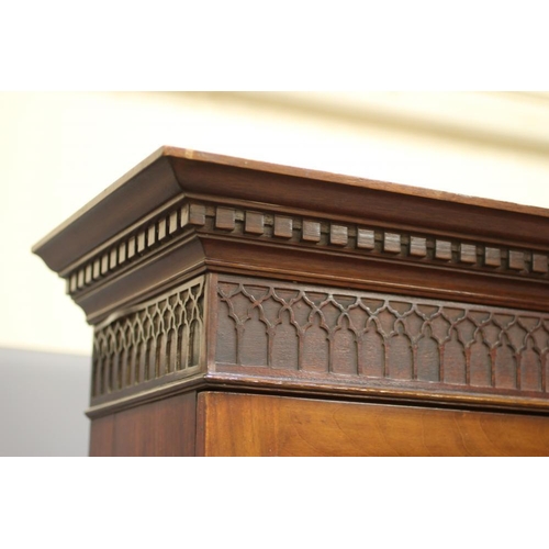 927 - A MAHOGANY DISPLAY CABINET, 18th century on later stand, the dentil moulded cornice over blind fret ... 