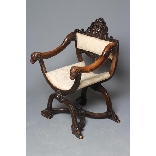 933 - A STAINED BEECH (?) X FRAMED CHAIR, 20th century, upholstered in ivory damask, scroll edged padded b... 