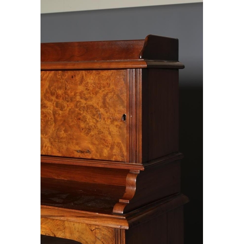 934 - A VICTORIAN BURR WALNUT BOOKCASE, the moulded edged top with raised superstructure containing two sm... 