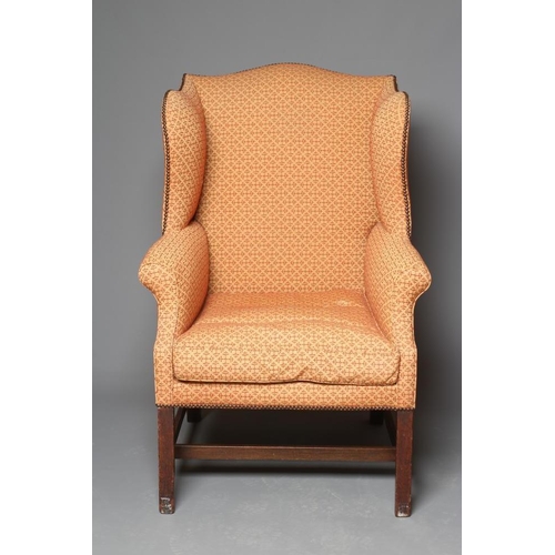 943 - A GEORGIAN MAHOGANY WING ARMCHAIR, third quarter 18th century, upholstered in a rust and salmon weav... 