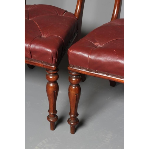 945 - A SET OF EIGHT VICTORIAN MAHOGANY DINING CHAIRS of Grecian design, the open back with with curved up... 