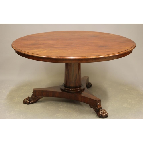 947 - AN EARLY VICTORIAN MAHOGANY BREAKFAST TABLE, the moulded edge circular tilt top with plain frieze, o... 