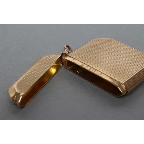 155 - A 9CT GOLD VESTA CASE, maker J.H. Wilkinson, Birmingham 1926, of canted square section, with engine ... 