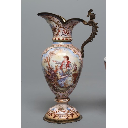 159 - A LIMOGES ENAMEL RENAISSANCE STYLE MINIATURE EWER, late 19th century, the rounded conical body on si... 