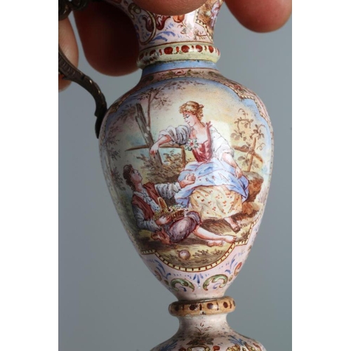 159 - A LIMOGES ENAMEL RENAISSANCE STYLE MINIATURE EWER, late 19th century, the rounded conical body on si... 