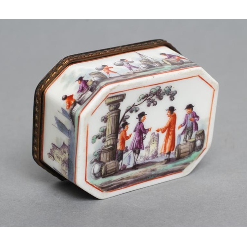 161 - A GERMAN PORCELAIN SNUFF BOX, late 18th century, of canted oblong form, painted in polychrome enamel... 