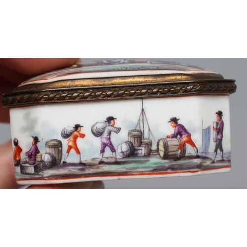 161 - A GERMAN PORCELAIN SNUFF BOX, late 18th century, of canted oblong form, painted in polychrome enamel... 