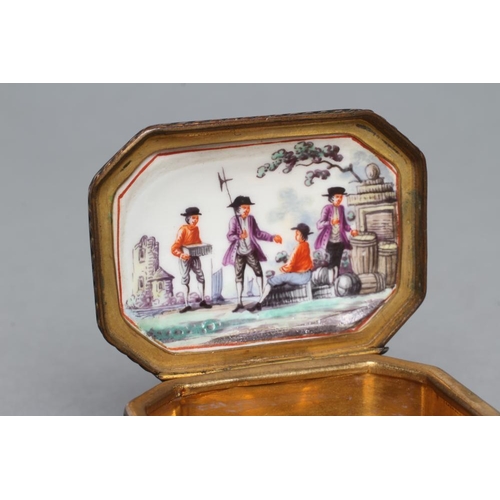 161 - A GERMAN PORCELAIN SNUFF BOX, late 18th century, of canted oblong form, painted in polychrome enamel... 