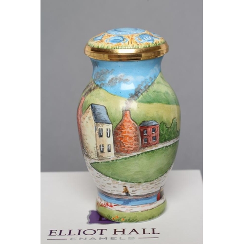 167 - AN ELLIOT HALL ENAMEL VASE AND COVER of baluster form painted by M. Cooper with 