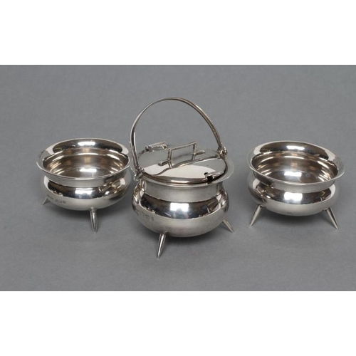 207 - A LATE VICTORIAN NOVELTY THREE PIECE SILVER CAULDRON CRUET, maker Louis Blatter & Co., Birmingham 19... 