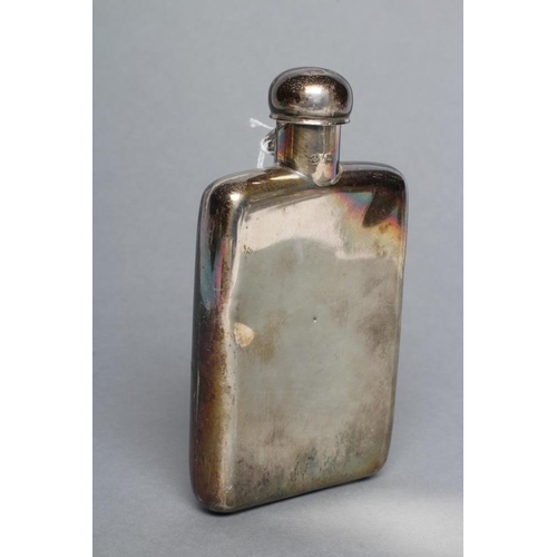 221 - A LATE VICTORIAN SILVER HIP FLASK, maker Huttons, London 1901, of plain rounded oblong form with pat... 