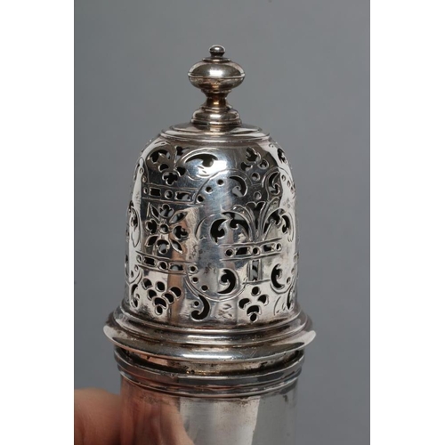 225 - A LATE GEORGE I SILVER CASTOR, maker's mark ?W (Sam/Simon Wood?), London 1728, of plain vase form wi... 