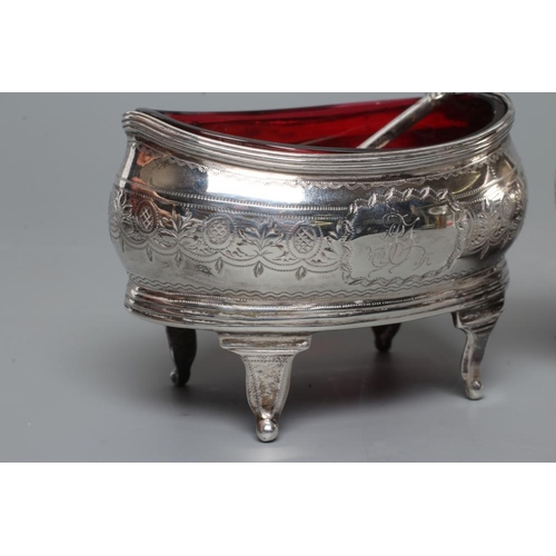 230 - A PAIR OF LATE GEORGE III SILVER SALTS, maker Crespin Fuller, London 1808, of bombe oval form raised... 