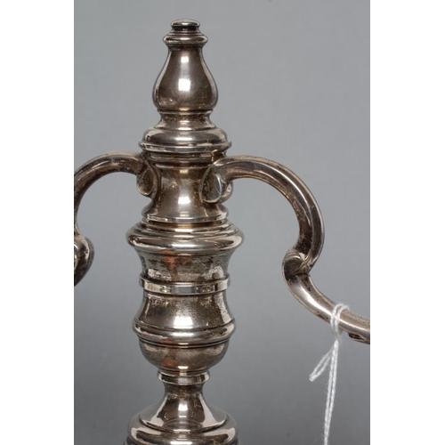 265 - A SILVER TWO BRANCH CANDELABRUM, maker C.R. Culverwell, London 1975, in George I style, the bobbin s... 