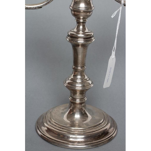 265 - A SILVER TWO BRANCH CANDELABRUM, maker C.R. Culverwell, London 1975, in George I style, the bobbin s... 