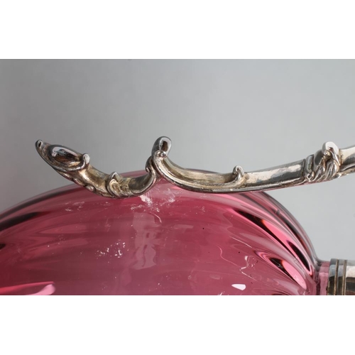 279 - A SILVER MOUNTED CRANBERRY GLASS CLARET JUG, maker's mark WW, London 2001, the lightly ribbed ovoid ... 