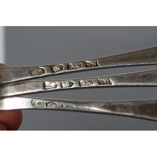 294 - A SET OF THREE GEORGE II SILVER TABLESPOONS, maker's mark SW (Starling Wilford?), London 1737, in Ha... 