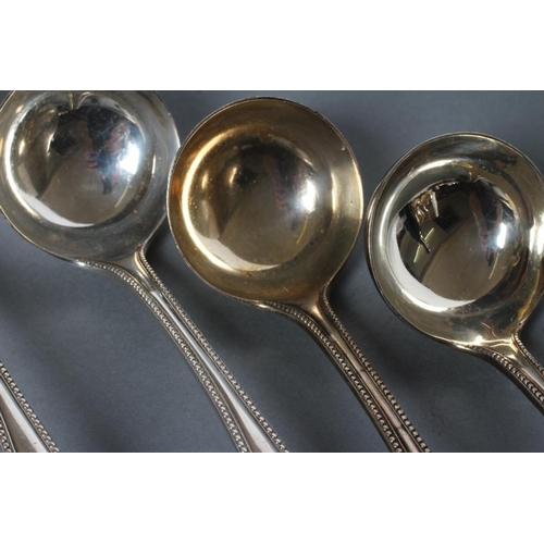 326 - A SET OF FIVE VICTORIAN SILVER SAUCE LADLES, maker Thomas Smiley, London 1879, in bead pattern, 6