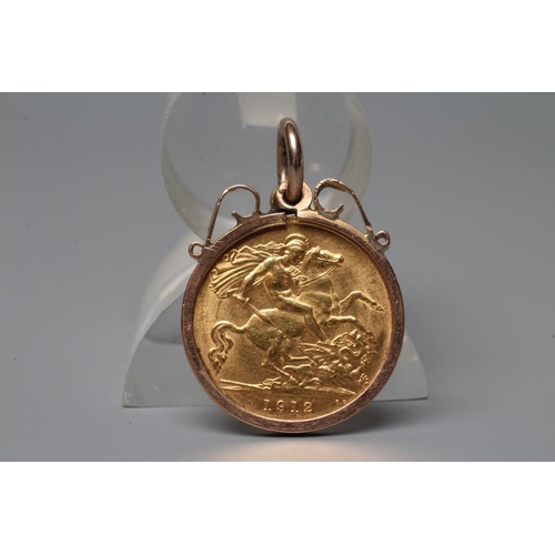 367 - A GEORGE V HALF SOVEREIGN, 1912, loose mounted as a pendant, stamped 9ct, 5.5g total (Est. plus 20% ... 