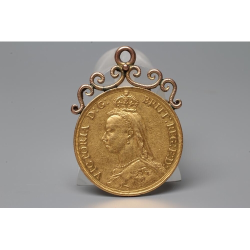 369 - A VICTORIA JH GOLD £2, 1887, with hard soldered unmarked scroll mount, 17.8g gross (Est. plus 20% pr... 