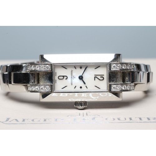 402 - A LADY'S JAEGER-LECOULTRE IDEALE DIAMOND WRISTWATCH, the oblong mother of pearl dial with Arabic 12 ... 