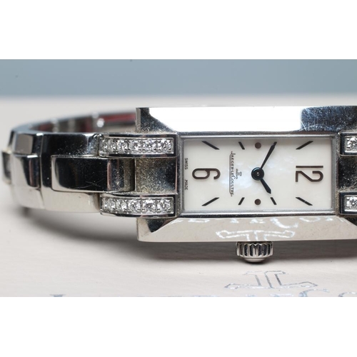 402 - A LADY'S JAEGER-LECOULTRE IDEALE DIAMOND WRISTWATCH, the oblong mother of pearl dial with Arabic 12 ... 