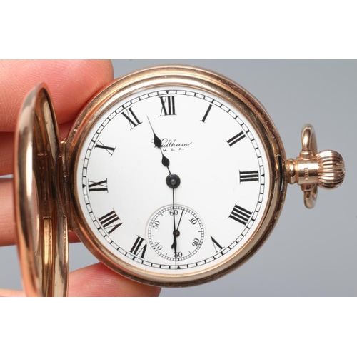 413 - A 9CT GOLD WALTHAM TRAVELLER TOP WIND HALF HUNTER POCKET WATCH, the white enamel dial with black Rom... 