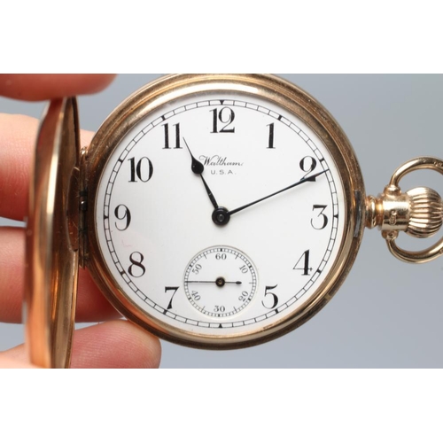 415 - A 9CT GOLD TOP WIND HUNTER POCKET WATCH, the white enamel dial with black Arabic numerals enclosing ... 