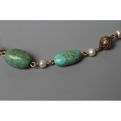 430 - AN ARTS AND CRAFTS NECKLACE, the six irregular polished green stones with eleven freshwater pearl sp... 