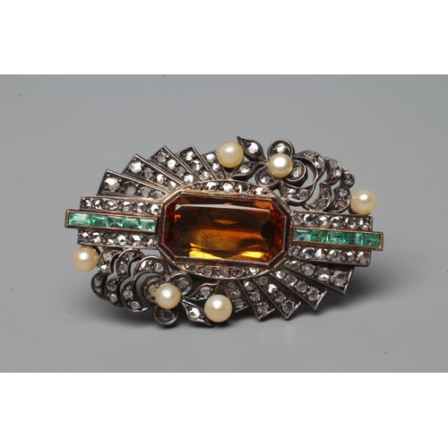 451 - AN ART DECO BROOCH, the central facet cut tourmaline(?) open back collet set and flanked by a row of... 