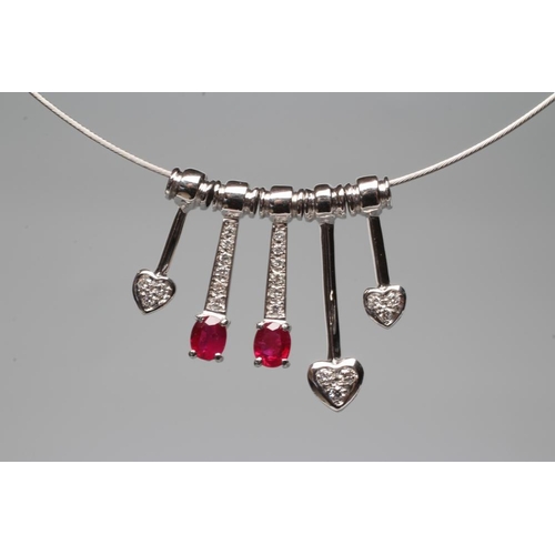 460 - A RUBY AND DIAMOND CHOKER, stamped 750, the fine white wire choker with five 