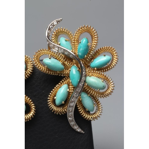 461 - A LARGE PAIR OF DIAMOND AND TURQUOISE CLIP EARRINGS, the eight cabochon polished tear shaped turquoi... 