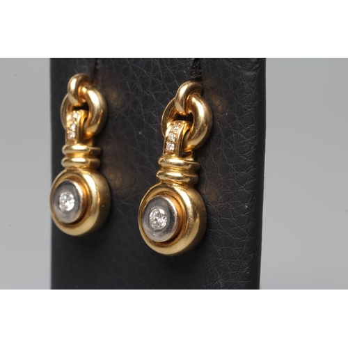 475 - A PAIR OF DIAMOND DROP EARRINGS, the round brilliant cut stone in a white doughnut mount and yellow ... 