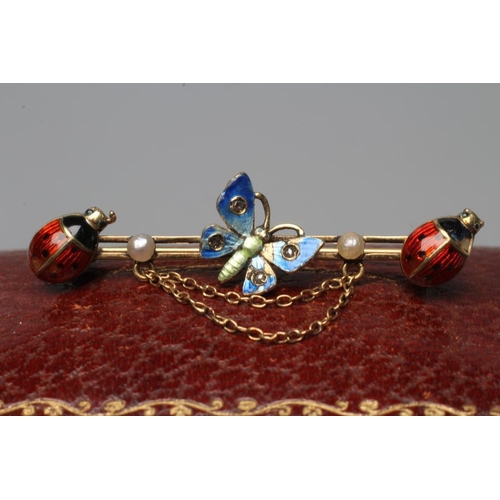 491 - AN EDWARDIAN NOVELTY BAR BROOCH, the parallel bars centred by a blue enamelled butterfly with four r... 