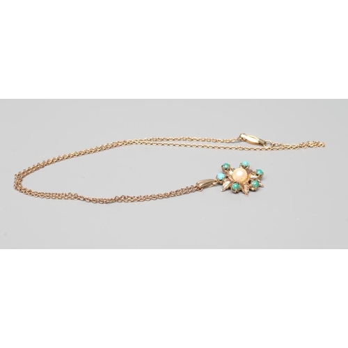 516 - A PEARL AND TURQUOISE PENDANT, the central cultured pearl cup set to a flowerhead with six turquoise... 