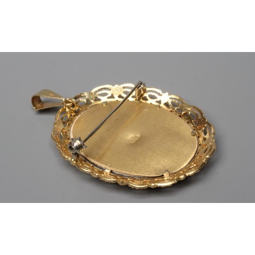 528 - AN 18CT GOLD PENDANT, set with a painted bust length portrait of a young lady wearing her brown hair... 