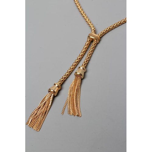 373 - A TASSEL NECKLACE, the hollow bead type links terminating in two tassels, the lobster clasp stamped ... 