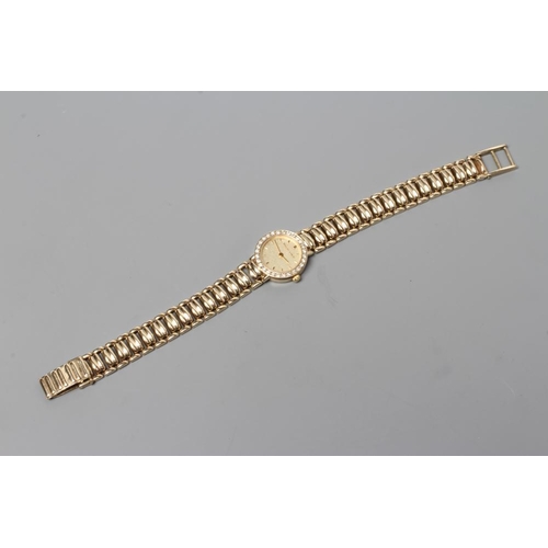 381 - A LADY'S 9CT GOLD BEUCHE GIROD WRISTWATCH, the matt gilt dial with applied batons, within plain beze... 