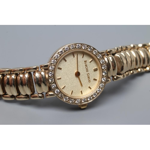 381 - A LADY'S 9CT GOLD BEUCHE GIROD WRISTWATCH, the matt gilt dial with applied batons, within plain beze... 