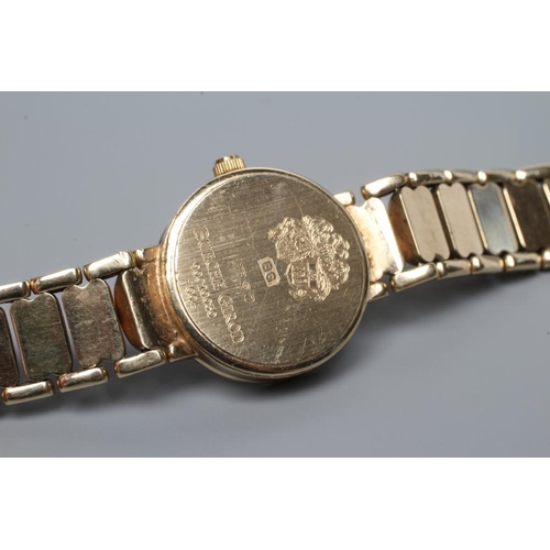 381 - A LADY'S 9CT GOLD BEUCHE GIROD WRISTWATCH, the matt gilt dial with applied batons, within plain beze... 