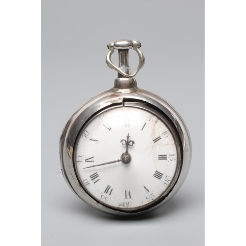 382 - A GEORGE III IRISH PAIR CASED POCKET WATCH, the white enamel dial with Roman and Arabic numerals, th... 