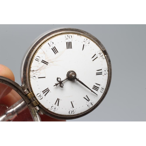 382 - A GEORGE III IRISH PAIR CASED POCKET WATCH, the white enamel dial with Roman and Arabic numerals, th... 